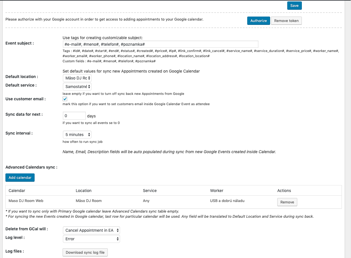 Easy Appointments settings